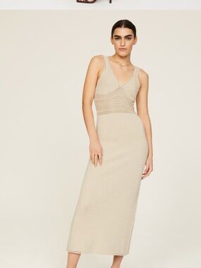 Sleeveless V-Neck Knit Midi Dress in Beige Ronnie Kobo XL